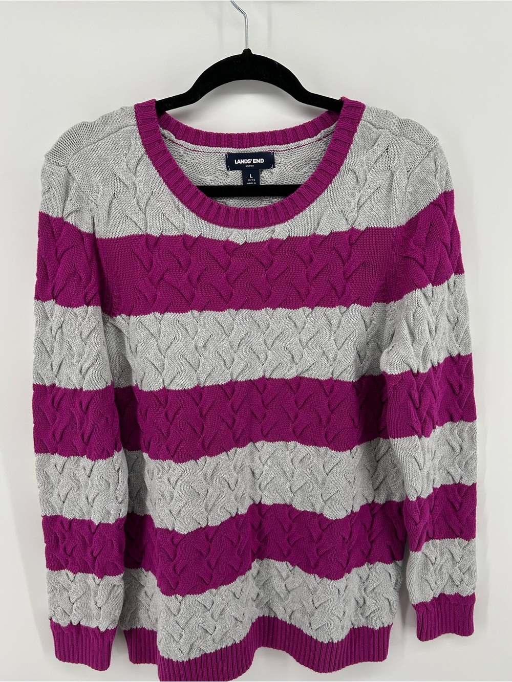 Lands' End Women's Gray and Magenta Striped Cable Crew Drifter Sweater
